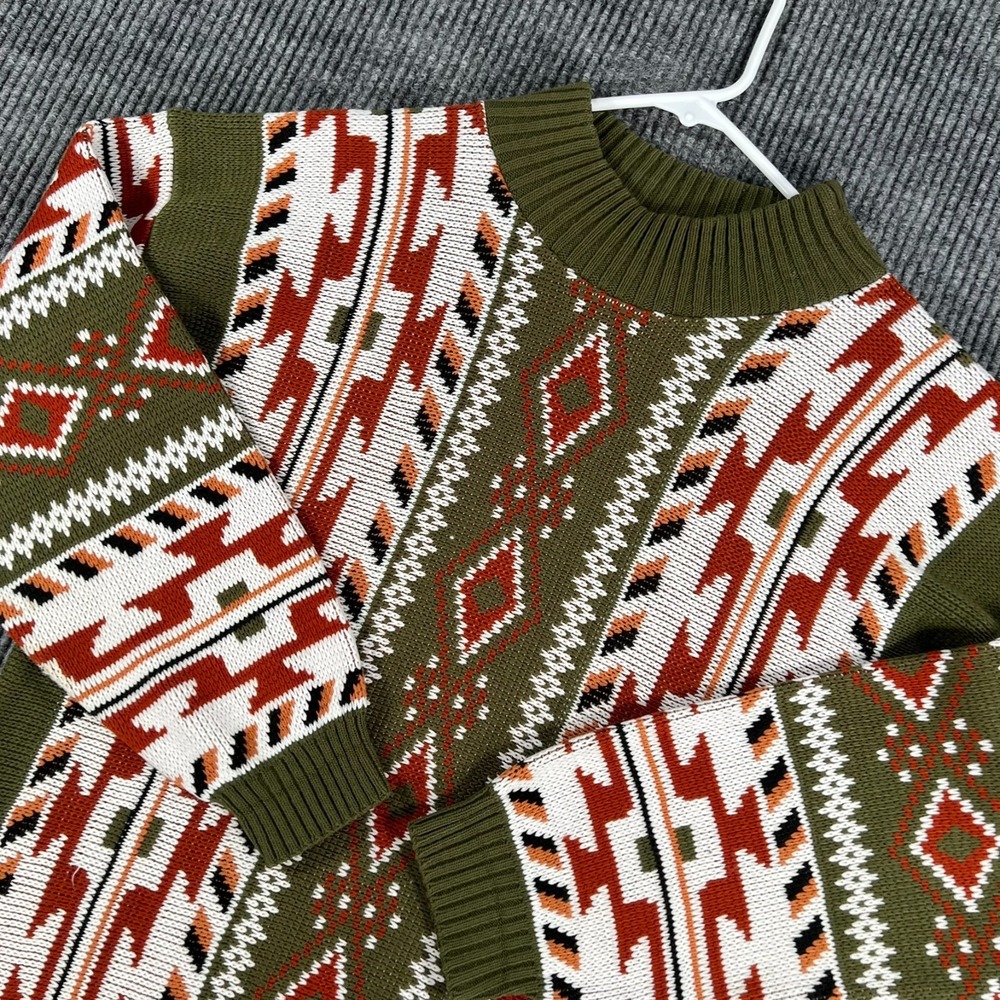 Vintage Clifton Place Sweater Mens Large Green Geometric Long Sleeve Crew USA